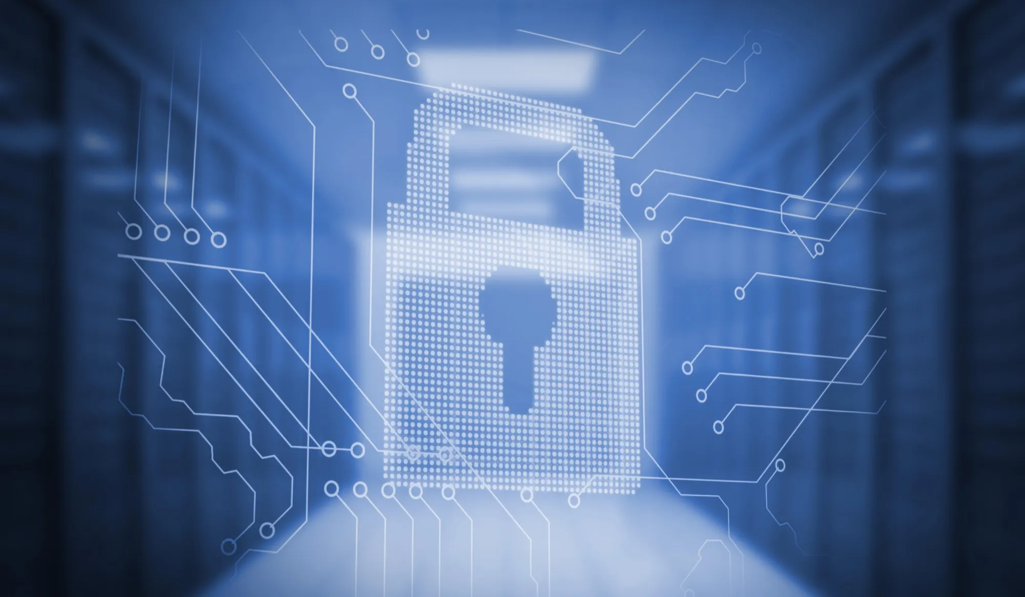 Digitales Schloss auf einer Platine in Blau